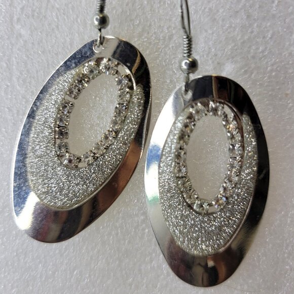 Silver Tone Drop Oval Earrings - Picture 4 of 12